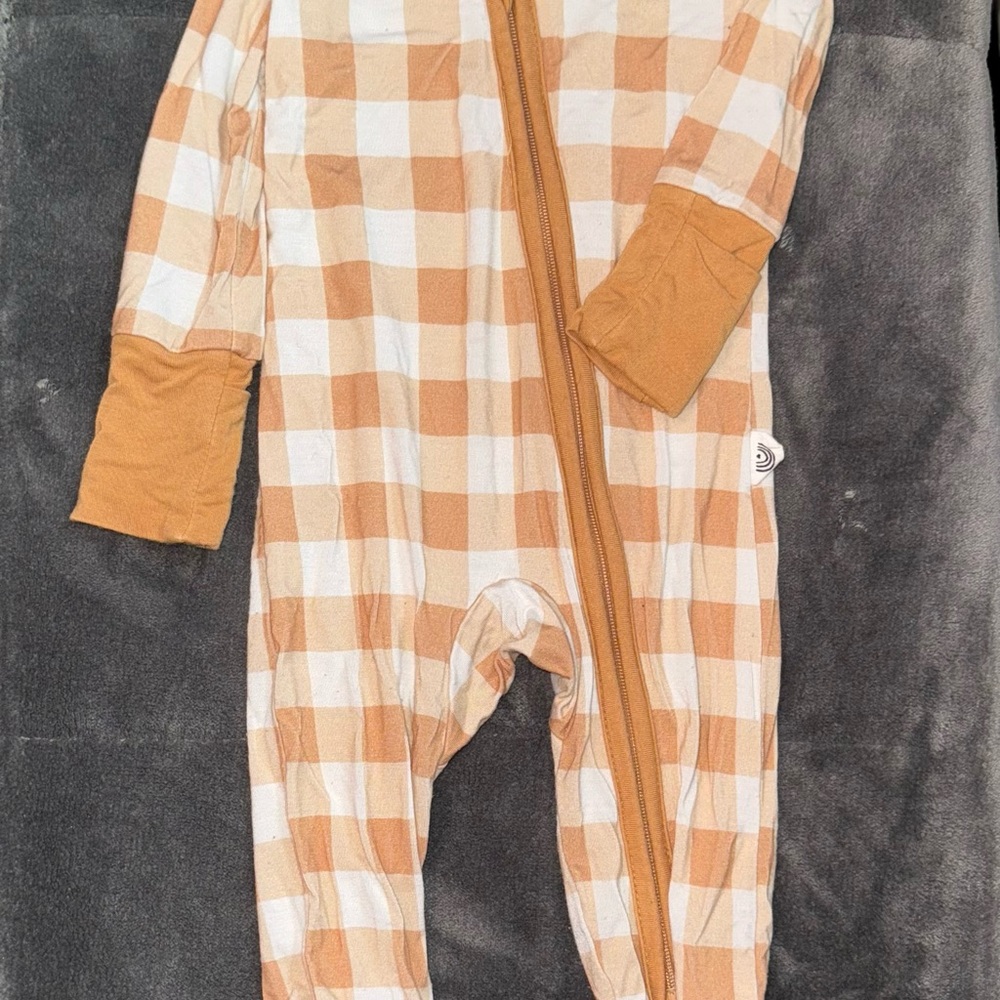 Tan and White Gingham Check Footie One Piece